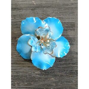 Joelle Blue Enamel Flower Gold Tone Large Vintage Brooch